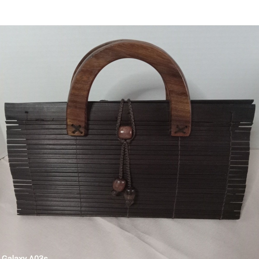 Vintage Bamboo Slat Handbag Espresso Brown Wood Top Handle Boho Clutch Bag